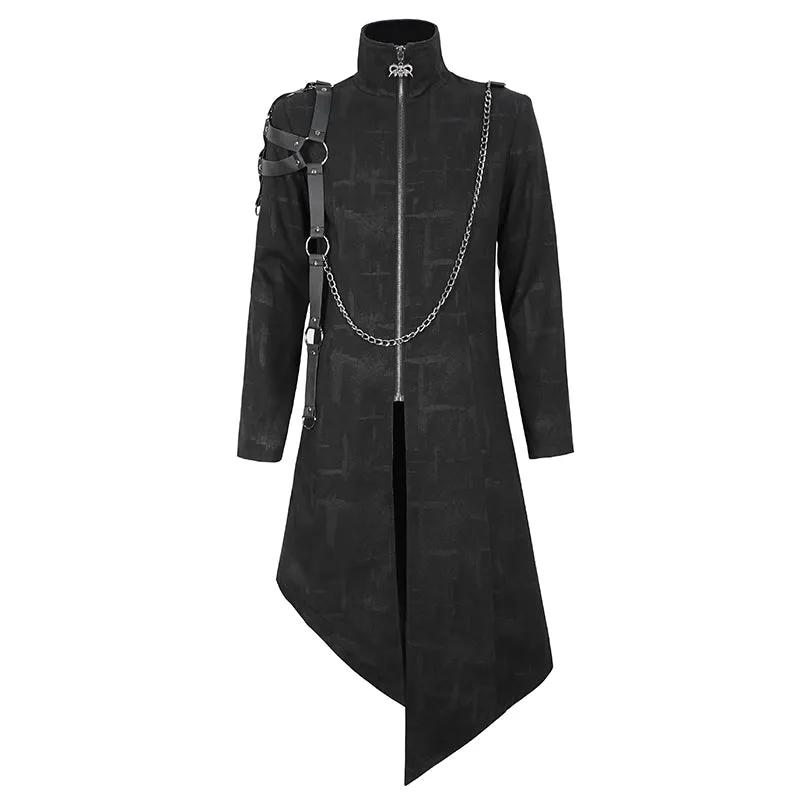 CT206 rubberized cross pattern leather shoulder loops asymmetrical men's long coat