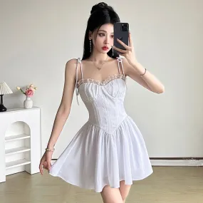 IAMHOTTY Cottagecore French Lace Trimmed Bustier Slip Dress, White Sweetheart A-Line Mini Skirt, Waist-Cinching Summer Dress