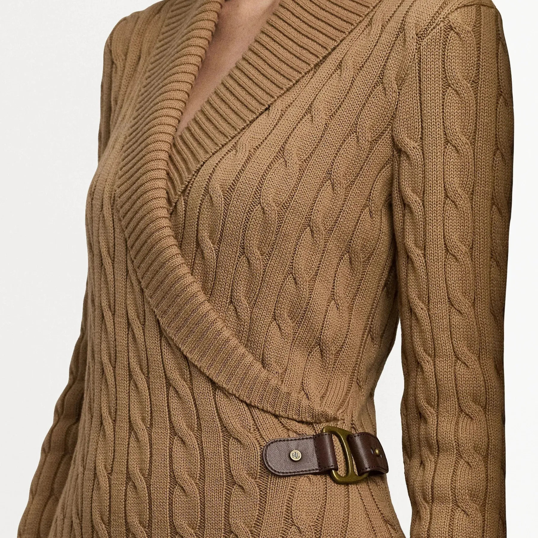 Lauren Ralph Lauren Cable Knit Buckle Trim Jumper Dress In Classic Camel