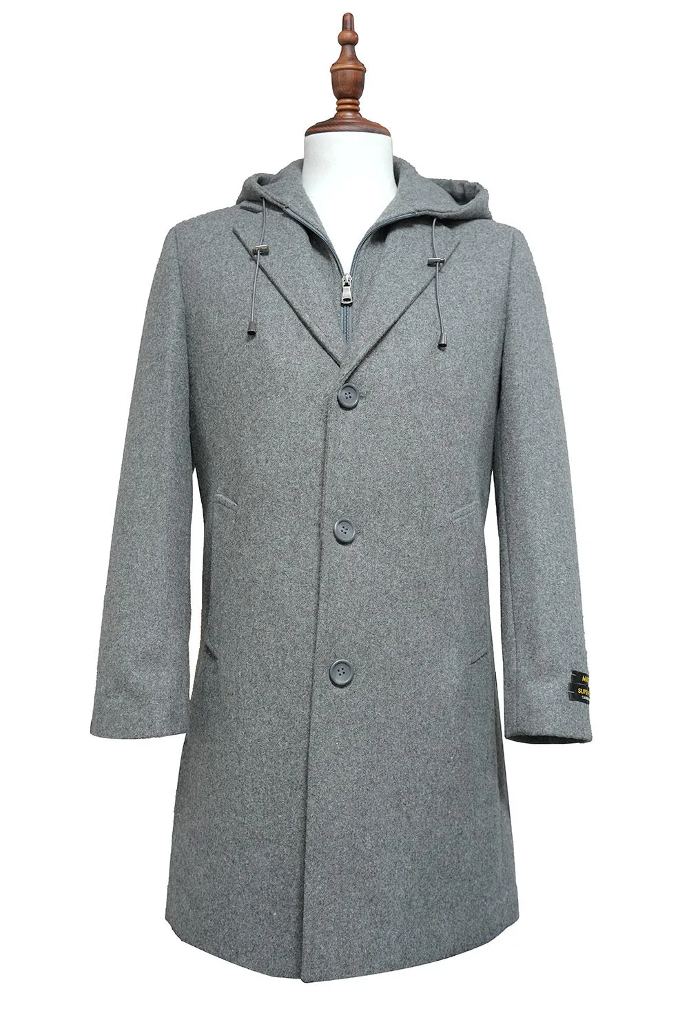 Light Gray Wool Slim Fit Top Coat with Hoodie