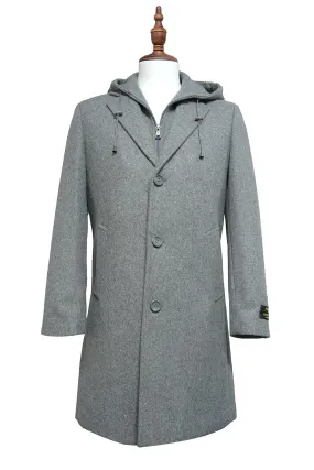 Light Gray Wool Slim Fit Top Coat with Hoodie
