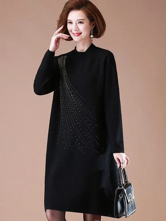 Round Neck Long Sleeve Knee Length A-line Knit Dress with Hot Drilling