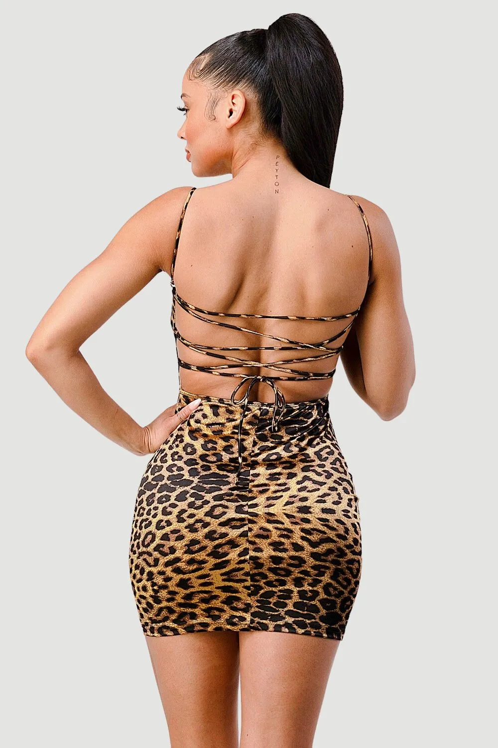 SEXY LEOPARD PRINT SATIN DRAWSTRING MINI DRESS