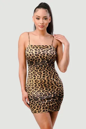 SEXY LEOPARD PRINT SATIN DRAWSTRING MINI DRESS