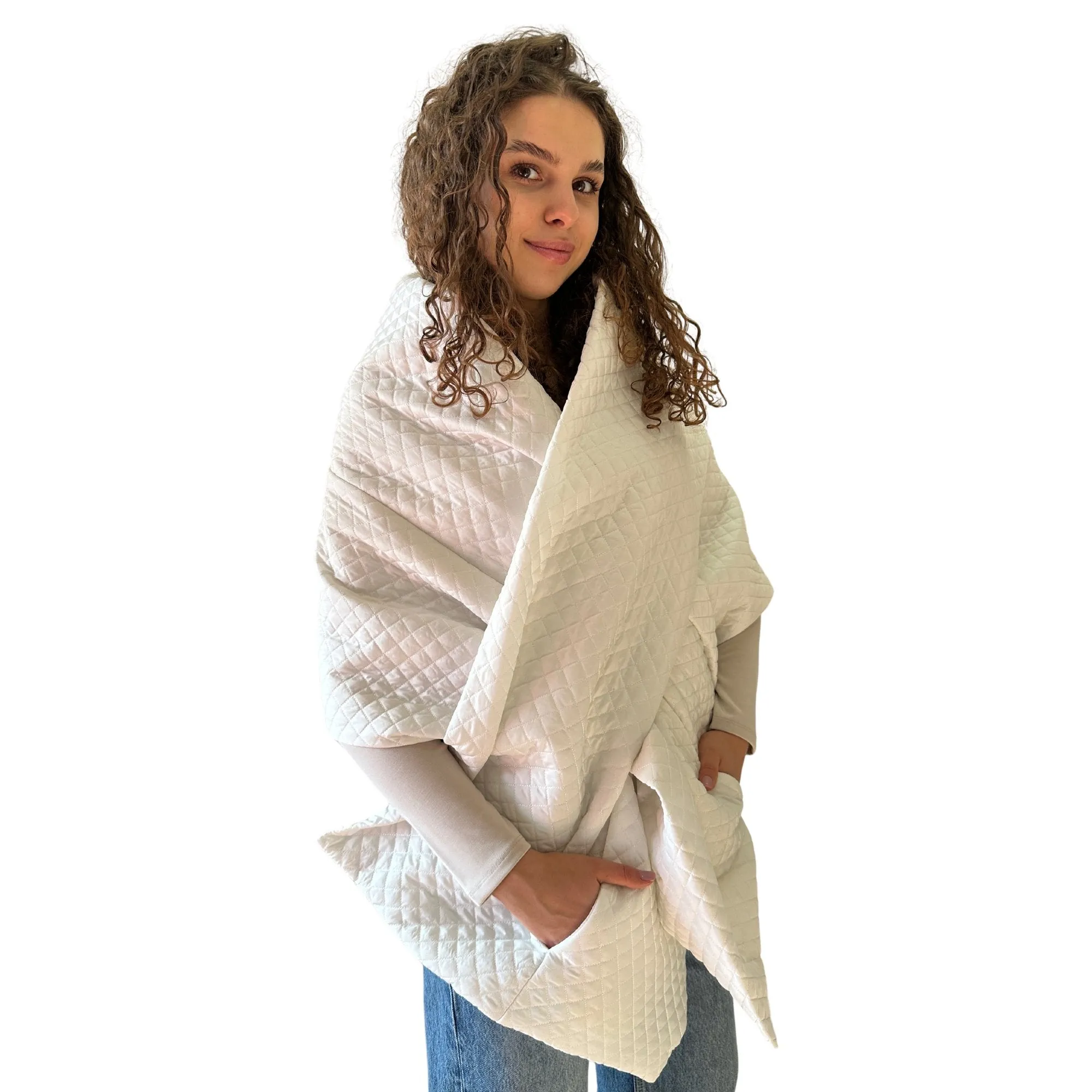 White Long Cape Lagre Wide Scarf Puffer 20x80 inch with 2 pocket and Belt