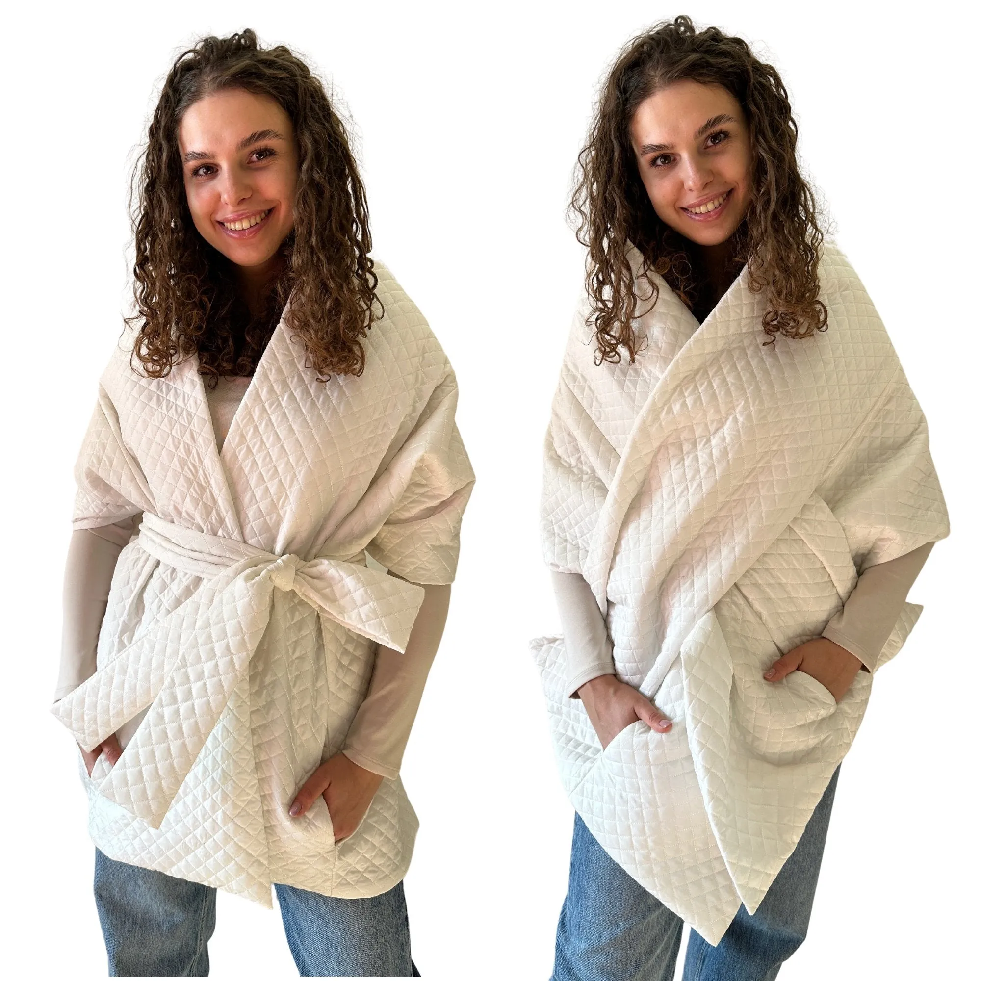 White Long Cape Lagre Wide Scarf Puffer 20x80 inch with 2 pocket and Belt