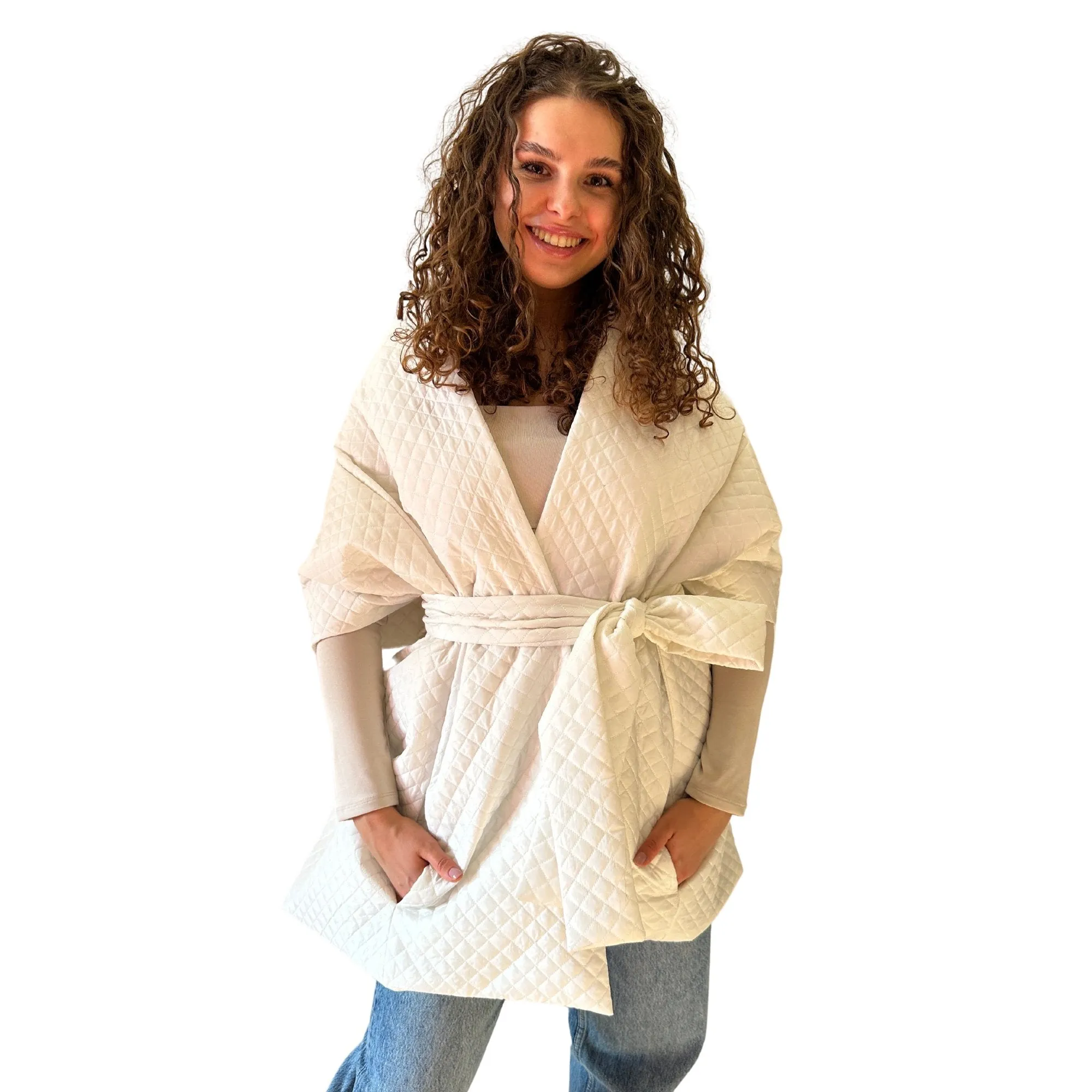 White Long Cape Lagre Wide Scarf Puffer 20x80 inch with 2 pocket and Belt