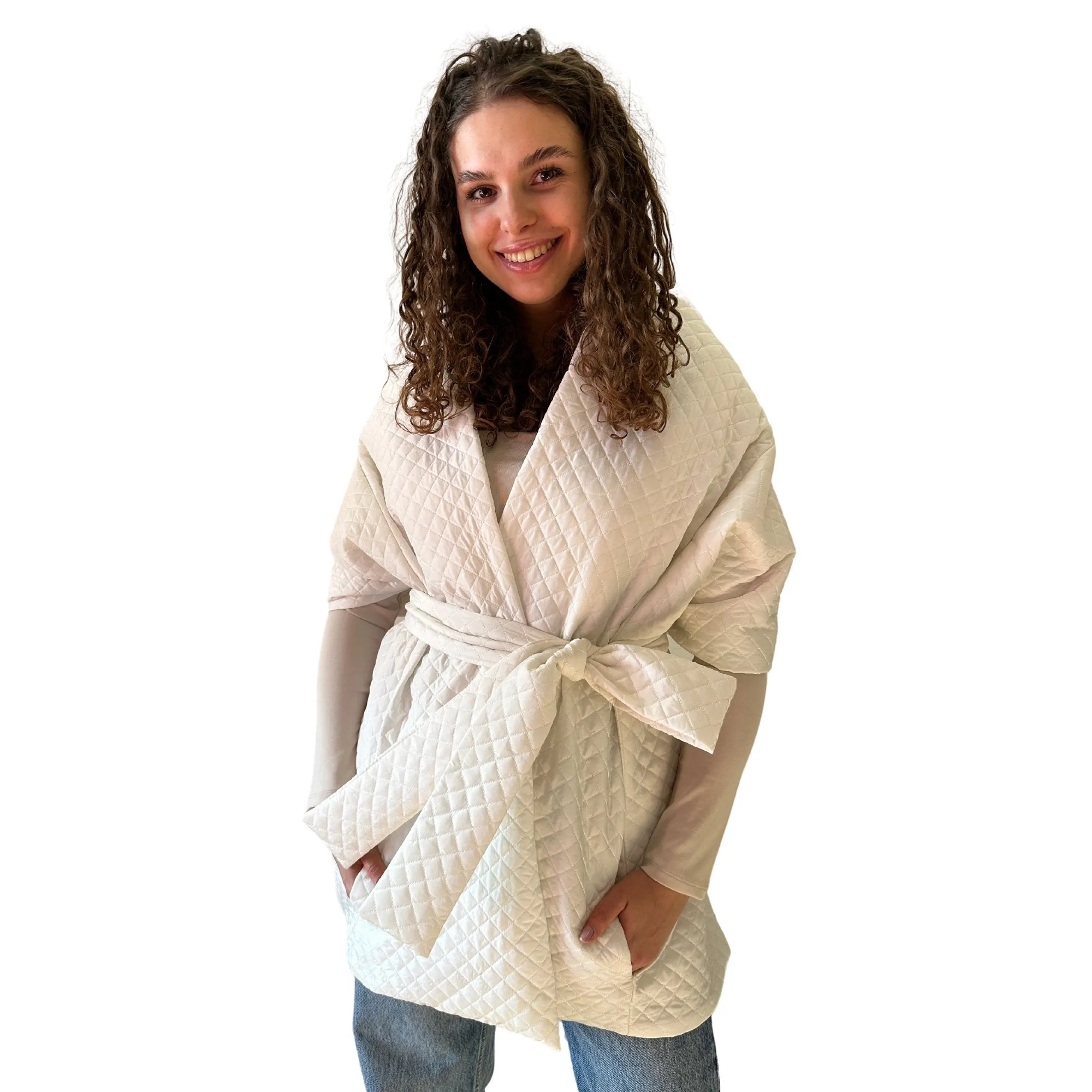 White Long Cape Lagre Wide Scarf Puffer 20x80 inch with 2 pocket and Belt